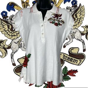 Johnny Was Polo Shirt Womens Small White Rose Short Sleeve Embroidered Preppy
